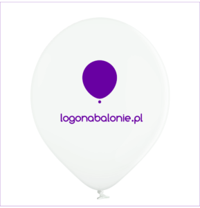 biały balon reklamowy z fioletowym nadrukiem logo