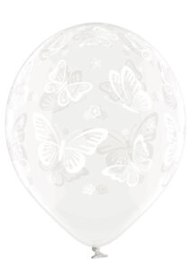 balony transparentne z białymi motylami