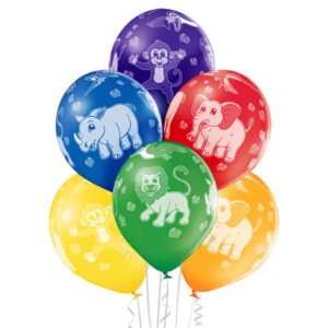 balony kolorowe z białymi zwierzętami zoo