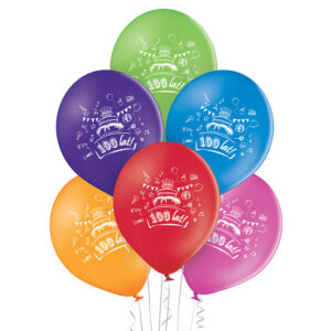 kolorowe balony z białym nadrukiem 100 lat!