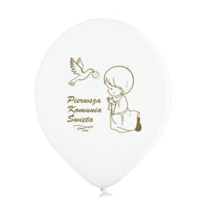 biały balon ze złotym nadrukiem I komunia święta dla chłopca