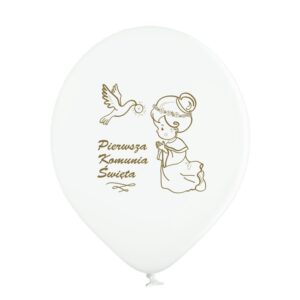 biały balon ze złotym nadrukiem I komunia święta dla dziewczynki