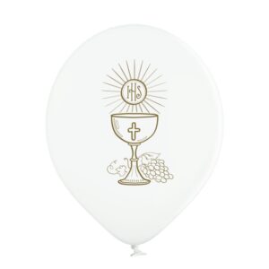 biały balon ze złotym nadrukiem hostii I komunia święta