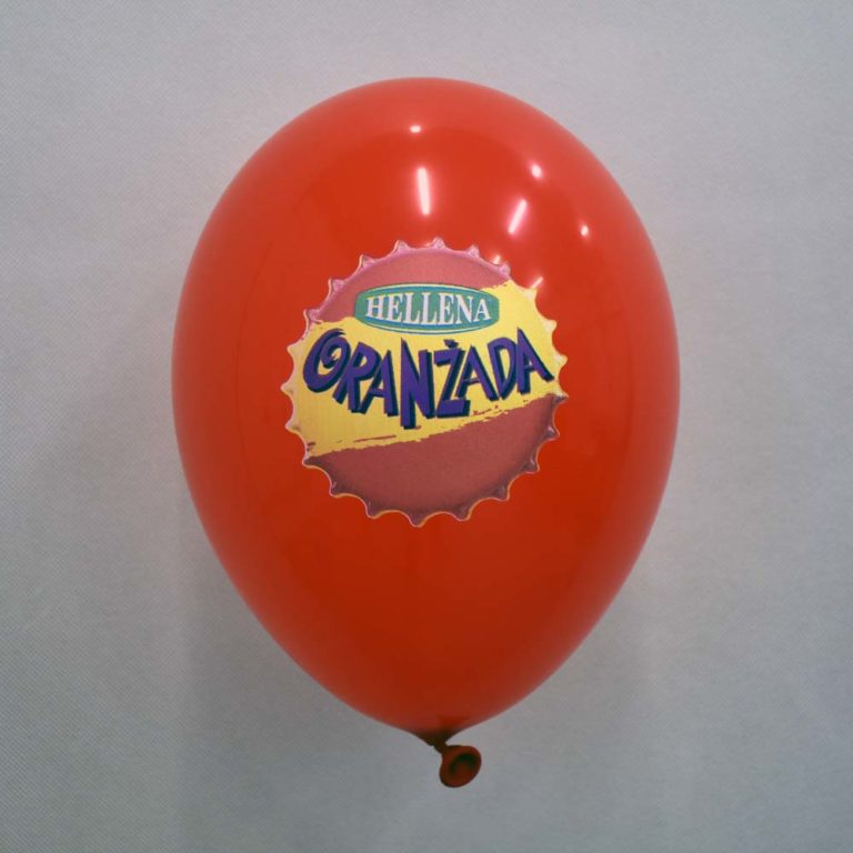 czerwony balon lateksowy z nadrukiem oranżada helena