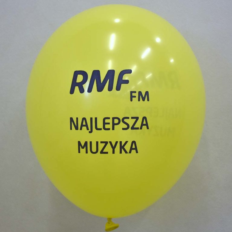 żółty balon lateksowy z nadrukiem RMF FM